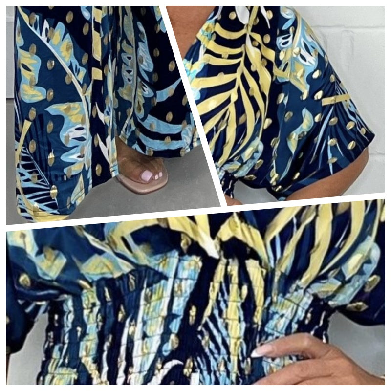 Women's Fashion Leaf Print Plus Size Bodysuit with Elastic Waist