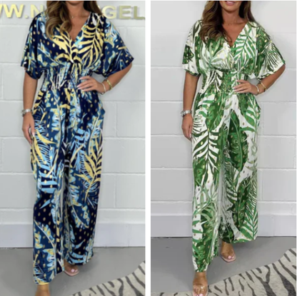 Women's  Fashion Leaf Print Plus Size Bodysuit with Elastic Waist