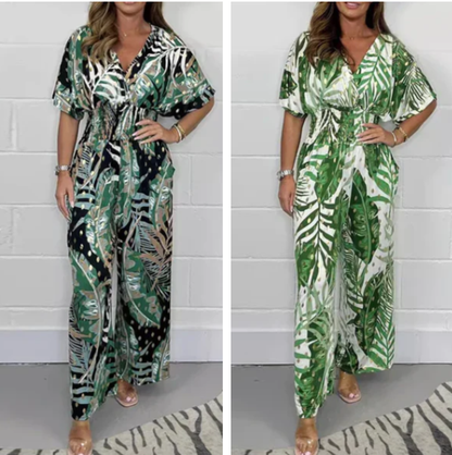 Women's  Fashion Leaf Print Plus Size Bodysuit with Elastic Waist