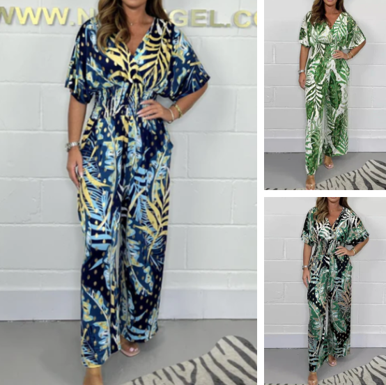 Women's  Fashion Leaf Print Plus Size Bodysuit with Elastic Waist