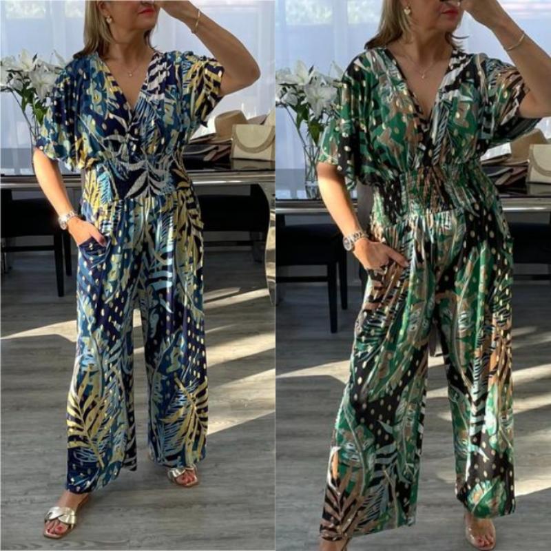 Women's  Fashion Leaf Print Plus Size Bodysuit with Elastic Waist