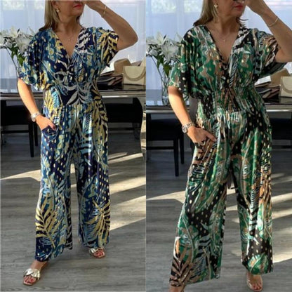 Women's  Fashion Leaf Print Plus Size Bodysuit with Elastic Waist